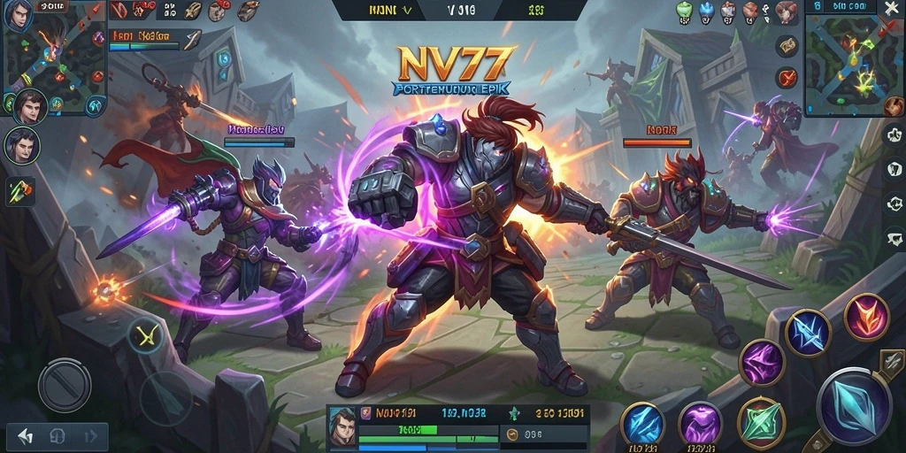 Tampilan seru gameplay MOBA di NV77 dengan aksi pertempuran yang mendebarkan.