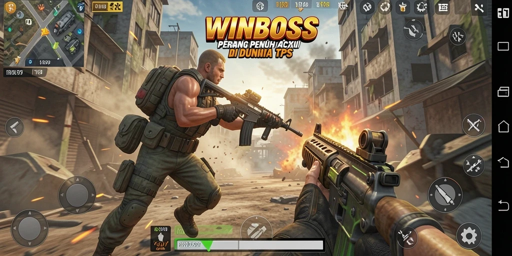 Tangkapan layar utama WINBOSS menunjukkan aksi pertempuran dinamis dalam TPS.