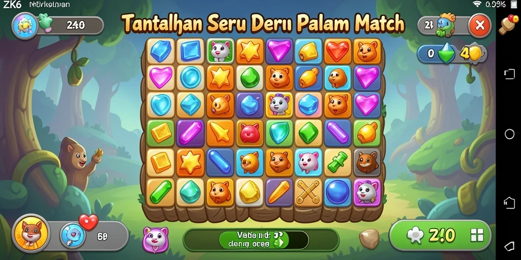 Tampilan gameplay ZK6 yang seru dalam match-3 dengan permata berwarna-warni.